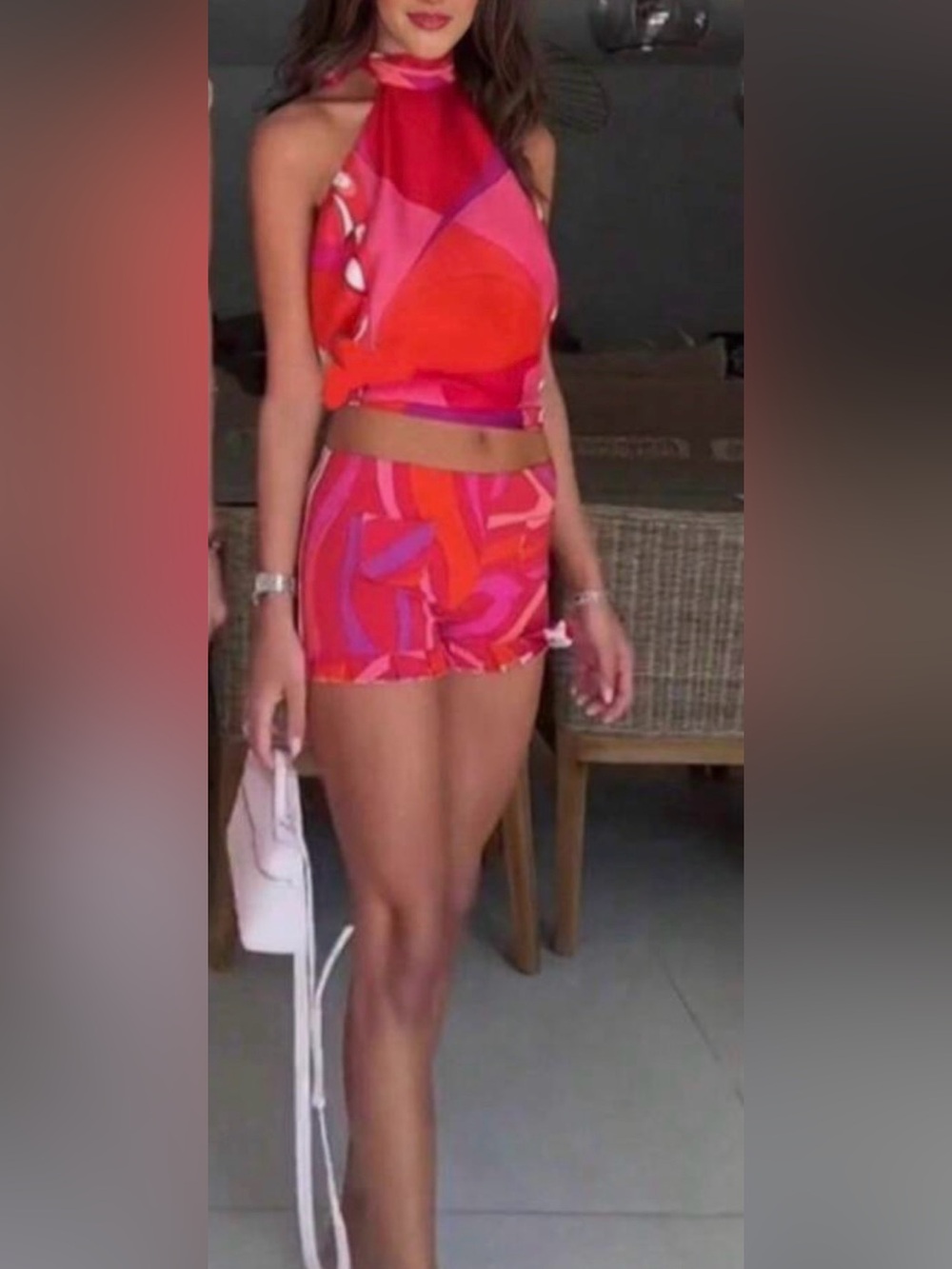 SHEIN Pink & Orange Abstract High Waist Women's Shorts